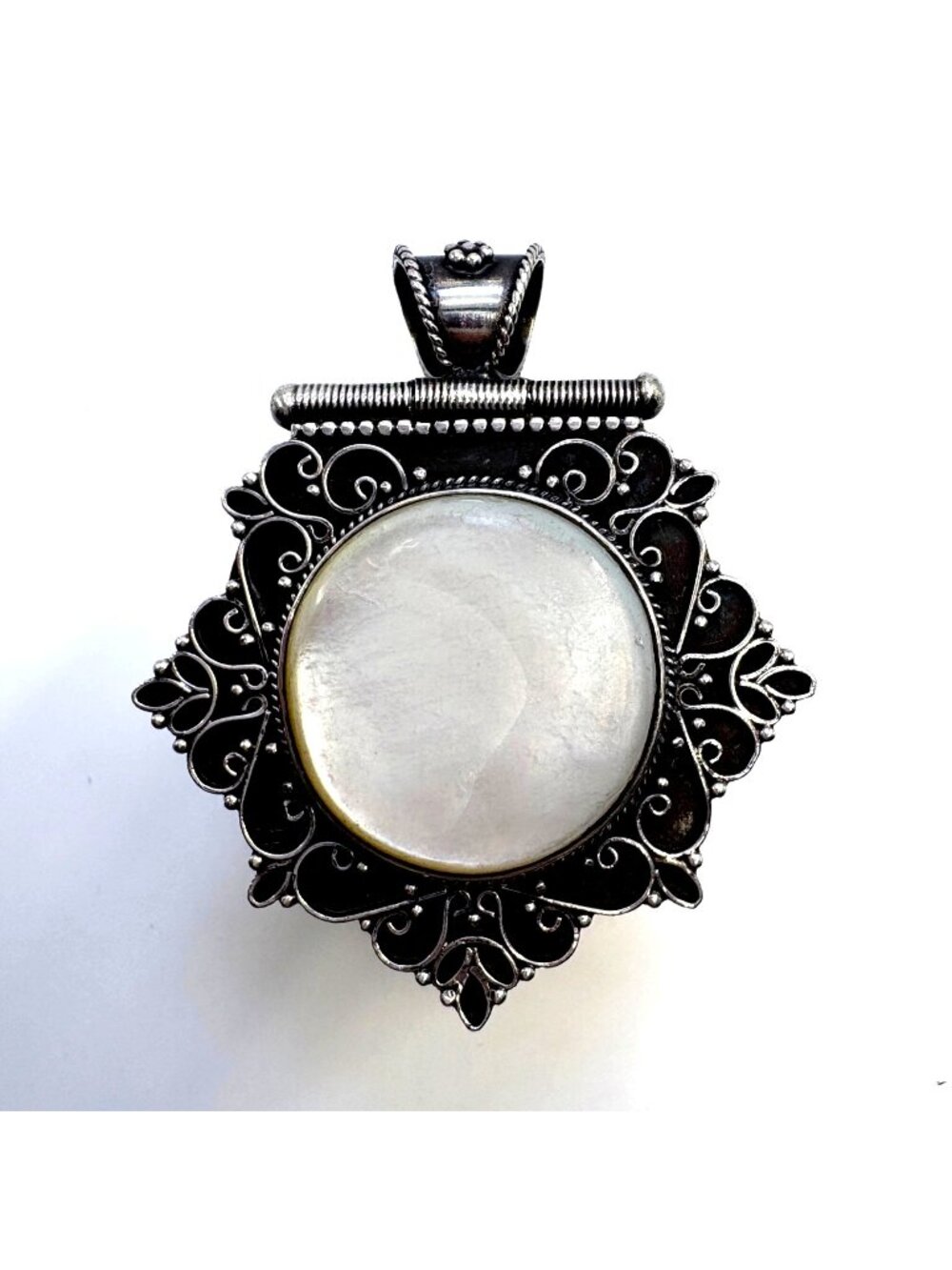 Mother of Pearl Scroll Design Pendant VTG Sterling Silver 925 Size 2.5" Length